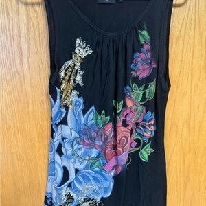 Christian Audigier Black Tank Top with Floral Design